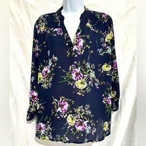 Purple and Blue Floral 3/4 Sleeve Blouse with Mandarin Collar